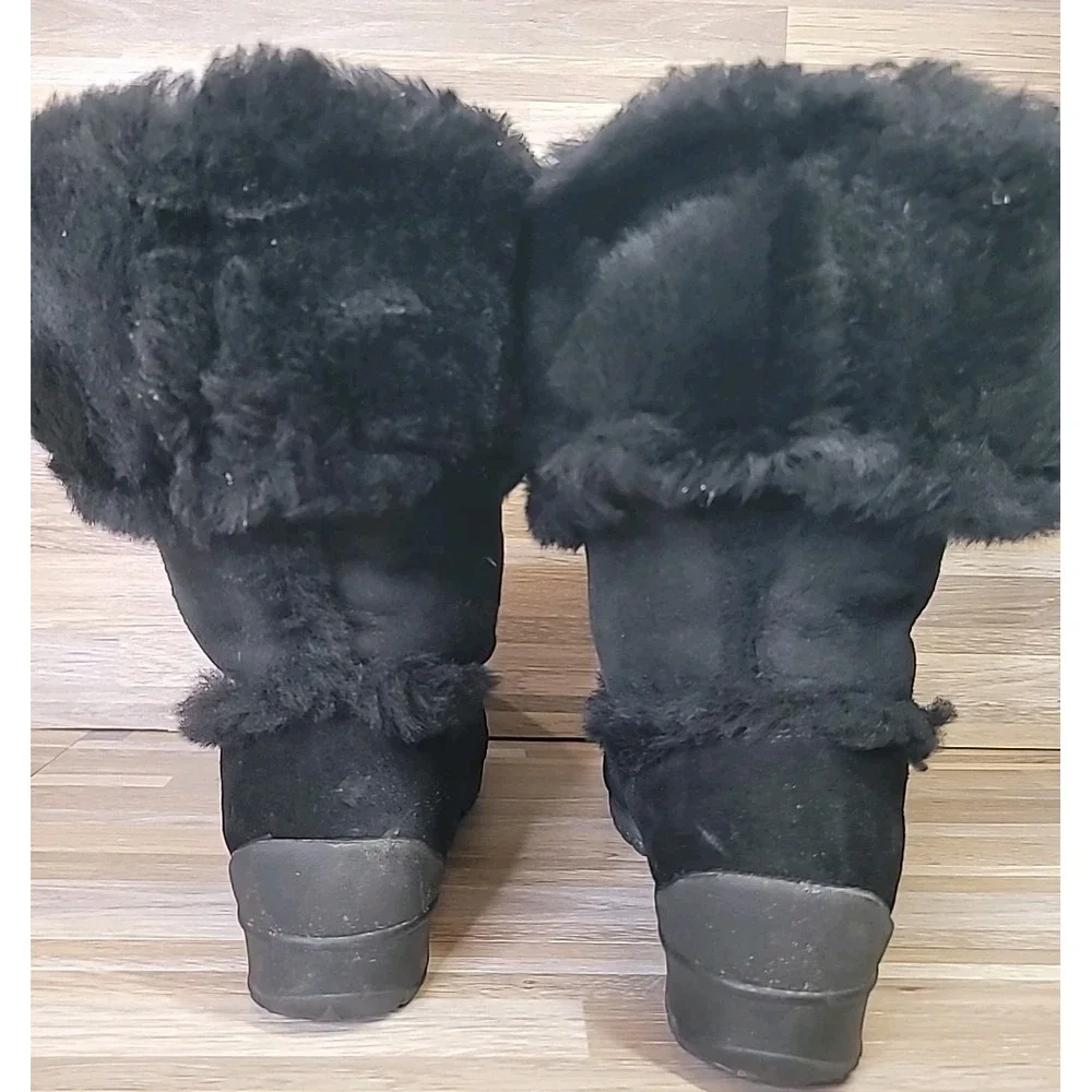 Bass Stephanie 2012 Black Suede & Faux Fur Lined Size 9.5 Snow Winter Boots EUC